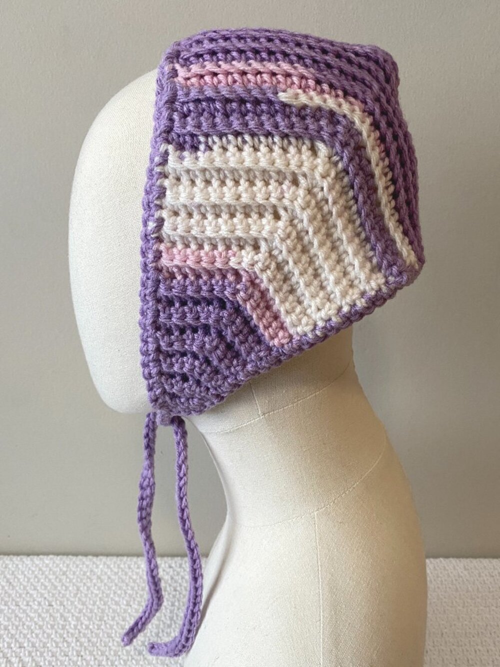 Handmade Crochet Off White Cream Purple Pink Bonnet